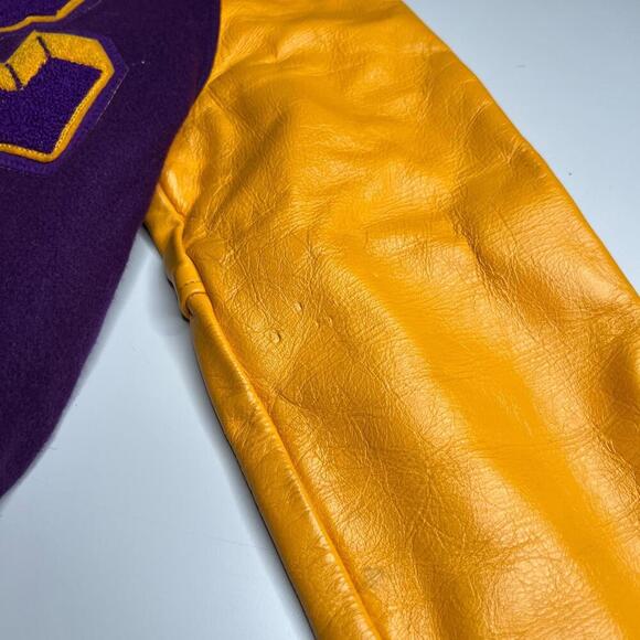 Vintage 80s Hunts Athletic Goods Varsity Letterman Jacket Purple Gold Wool Leath - Picture 7 of 12
